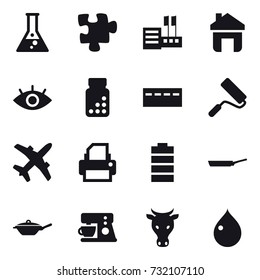 16 vector icon set : flask, puzzle, store, home, bunker, repair, pan, cow, drop