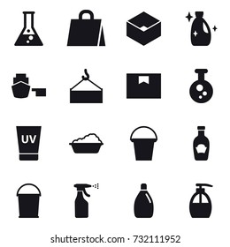 16 vector icon set : flask, shopping bag, box, cleanser, uv cream, washing, bucket, sprayer, liquid soap