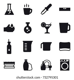 16 vector icon set : flask, hot drink, level, cocktail, cup, measuring cup, sponge, shampoo, dish cleanser, washing machine