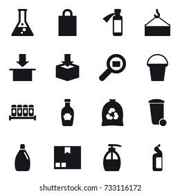 16 vector icon set : flask, shopping bag, bucket, garbage bag, trash bin, cleanser, package, liquid soap, toilet cleanser