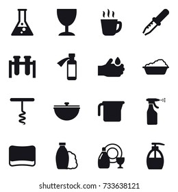 16 vector icon set : flask, wineglass, hot drink, washing, corkscrew, cauldron, measuring cup, sprayer, sponge, shampoo, dish cleanser, liquid soap