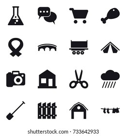 16 vector icon set : flask, discussion, cart, chicken leg, bridge, tent, camera, home, scissors, rain cloud, shovel, fence, barn, drying clothe