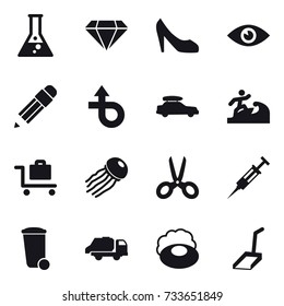 16 vector icon set : flask, diamond, shoes, pencil, car baggage, surfer, baggage trolley, jellyfish, scissors, syringe, trash bin, trash truck, soap, scoop