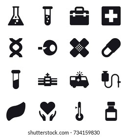 16 vector icon set : flask, vial, thermometer, pills bottle