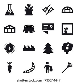 16 vector icon set : flask, flower, greenhouse, stadium, flower in window, seedling, spruce, garden, carrot, peas, trash, rake