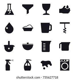 16 vector icon set : flask, funnel, wineglass, drop, washing, cup, corkscrew, cauldron, measuring cup, sprayer, liquid soap, spot, washing machine