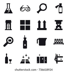 16 vector icon set : flask, smart glasses, magnifier, building, window, measuring cup, wine, clean floor, clean  window, skyscrapers cleaning