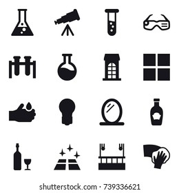 16 vector icon set : flask, telescope, vial, smart glasses, building, window, bulb, mirror, wine, clean floor, skyscapers cleaning, wiping