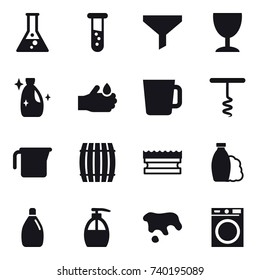 16 vector icon set : flask, vial, funnel, wineglass, cleanser, cup, corkscrew, measuring cup, barrel, sponge, shampoo, liquid soap, spot, washing machine