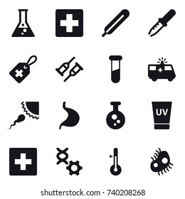 16 vector icon set : flask, uv cream, first aid, thermometer, microb