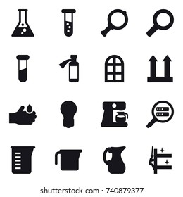 16 vector icon set : flask, vial, magnifier, arch window, bulb, coffee maker, measuring cup, jug, skyscrapers cleaning