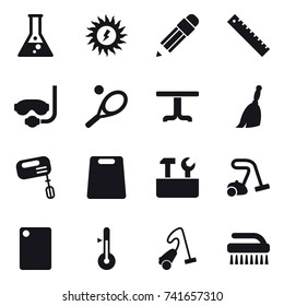 16 vector icon set : flask, sun power, pencil, ruler, diving mask, tennis, table, broom, mixer, cutting board, repair tools, vacuum cleaner, thermometer, brush
