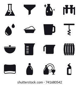 16 vector icon set : flask, funnel, cleanser, washing, cup, corkscrew, cauldron, measuring cup, barrel, sponge, dish cleanser, toilet cleanser