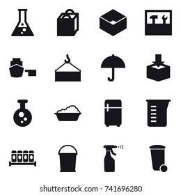 16 vector icon set : flask, shopping bag, box, tools, washing, fridge, measuring cup, bucket, sprayer, trash bin