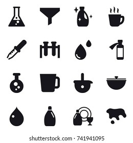 16 vector icon set : flask, funnel, cleanser, hot drink, cup, cauldron, drop, dish cleanser, spot