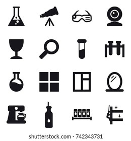 16 vector icon set : flask, telescope, smart glasses, web cam, wineglass, window, mirror, coffee maker, skyscrapers cleaning