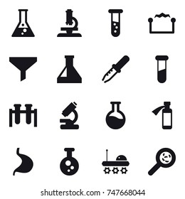 16 vector icon set : flask, microscope, vial, electrostatic, funnel, viruses