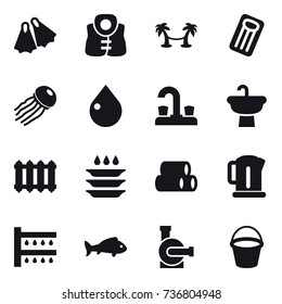 16 vector icon set : flippers, life vest, palm hammock, inflatable mattress, jellyfish, drop, water tap, radiator, plate washing, kettle, watering, fish, water pump, bucket