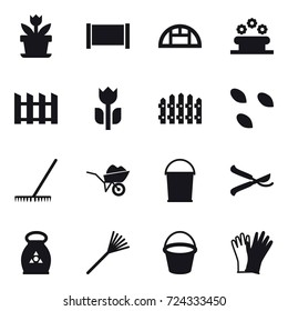 16 vector icon set : flower, fence, greenhouse, flower bed, seeds, rake, wheelbarrow, bucket, pruner, fertilizer, gloves