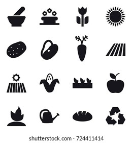 16 vector icon set : flower bed, field, corn, seedling, apple, sprouting, watering can, bread, recycling