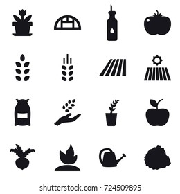 16 vector icon set : flower, greenhouse, spikelets, field, flour, harvest, seedling, apple, beet, sprouting, watering can, pile of garbage