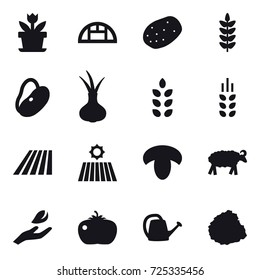 16 vector icon set : flower, greenhouse, spikelets, field, mushroom, sheep, hand leaf, tomato, watering can, pile of garbage