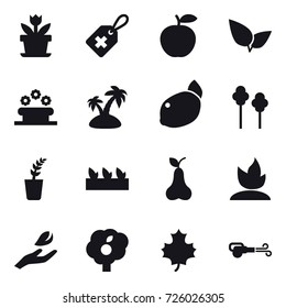 16 vector icon set : flower, flower bed, island, trees, seedling, pear, sprouting, hand leaf, garden, maple leaf, blower