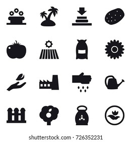 16 vector icon set : flower bed, island, field, flour, flower, hand leaf, factory, sow, watering can, grain elevator, garden, fertilizer, ecology