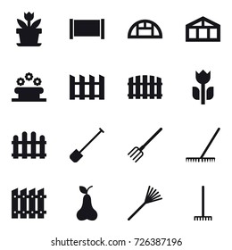 16 vector icon set : flower, fence, greenhouse, flower bed, shovel, fork, rake, pear