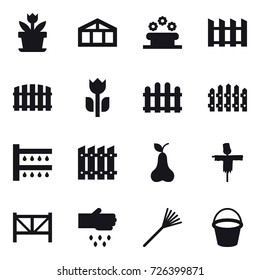 16 vector icon set : flower, greenhouse, flower bed, fence, watering, pear, scarecrow, farm fence, sow, rake, bucket