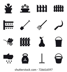 16 vector icon set : flower, flower bed, fence, watering, shovel, fork, sickle, wheelbarrow, pear, bucket, sow, fertilizer, rake