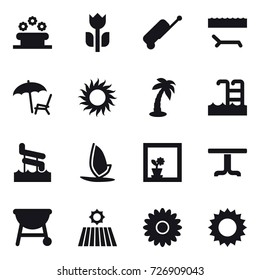 16 vector icon set : flower bed, suitcase, lounger, sun, palm, pool, aquapark, windsurfing, flower in window, table, field, flower