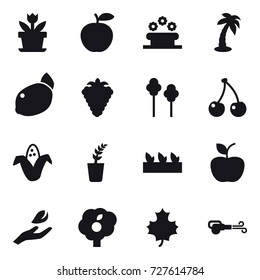 16 vector icon set : flower, flower bed, palm, berry, trees, cherry, corn, seedling, apple, hand leaf, garden, maple leaf, blower