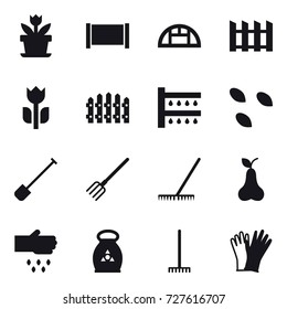 16 vector icon set : flower, fence, greenhouse, watering, seeds, shovel, fork, rake, pear, sow, fertilizer, gloves