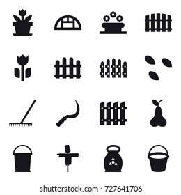 16 Vector Icon Set : Flower, Greenhouse, Flower Bed, Fence, Seeds, Rake, Sickle, Pear, Bucket, Scarecrow, Fertilizer