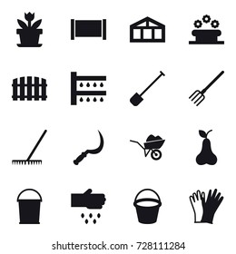 16 vector icon set : flower, fence, greenhouse, flower bed, watering, shovel, fork, rake, sickle, wheelbarrow, pear, bucket, sow, gloves