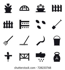 16 vector icon set : flower, greenhouse, flower bed, fence, watering, seeds, shovel, fork, rake, sickle, bucket, scarecrow, farm fence, sow, fertilizer