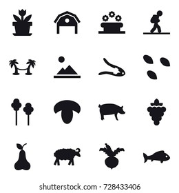 16 vector icon set : flower, barn, flower bed, tourist, palm hammock, landscape, walnut crack, seeds, trees, mushroom, pig, grape, pear, sheep, beet, fish