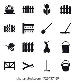 16 vector icon set : flower bed, fence, watering, shovel, rake, wheelbarrow, pear, bucket, farm fence, pruner