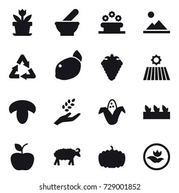 16 vector icon set : flower, flower bed, landscape, berry, field, mushroom, harvest, corn, seedling, apple, sheep, pumpkin, ecology