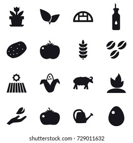 16 vector icon set : flower, greenhouse, coffee seeds, field, corn, sheep, sprouting, hand leaf, tomato, watering can, egg