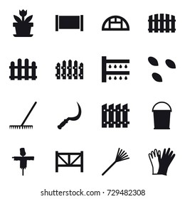 16 vector icon set : flower, fence, greenhouse, watering, seeds, rake, sickle, bucket, scarecrow, farm fence, gloves