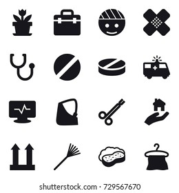 16 vector icon set : flower, real estate, rake, sponge with foam, hanger