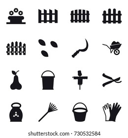 16 vector icon set : flower bed, fence, seeds, sickle, wheelbarrow, pear, bucket, scarecrow, pruner, fertilizer, rake, gloves