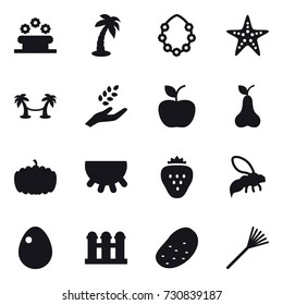 16 vector icon set : flower bed, palm, hawaiian wreath, starfish, palm hammock, harvest, apple, pear, pumpkin, udder, strawberry, wasp, egg, grain elevator, potato, rake