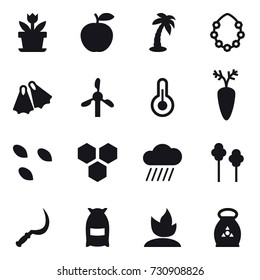 16 vector icon set : flower, palm, hawaiian wreath, flippers, seeds, honeycombs, rain cloud, trees, sickle, flour, sprouting, fertilizer