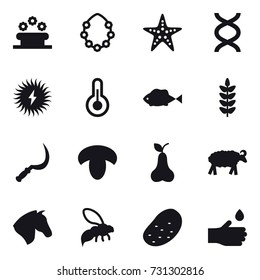 16 vector icon set : flower bed, hawaiian wreath, starfish, sickle, mushroom, pear, sheep, horse, wasp, potato, hand drop