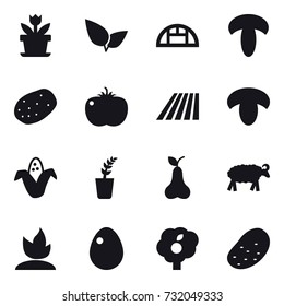 16 vector icon set : flower, greenhouse, field, mushroom, corn, seedling, pear, sheep, sprouting, egg, garden, potato