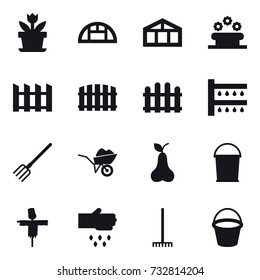 16 vector icon set : flower, greenhouse, flower bed, fence, watering, fork, wheelbarrow, pear, bucket, scarecrow, sow, rake
