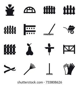 16 vector icon set : flower, greenhouse, fence, watering, rake, wheelbarrow, pear, scarecrow, farm fence, pruner, gloves